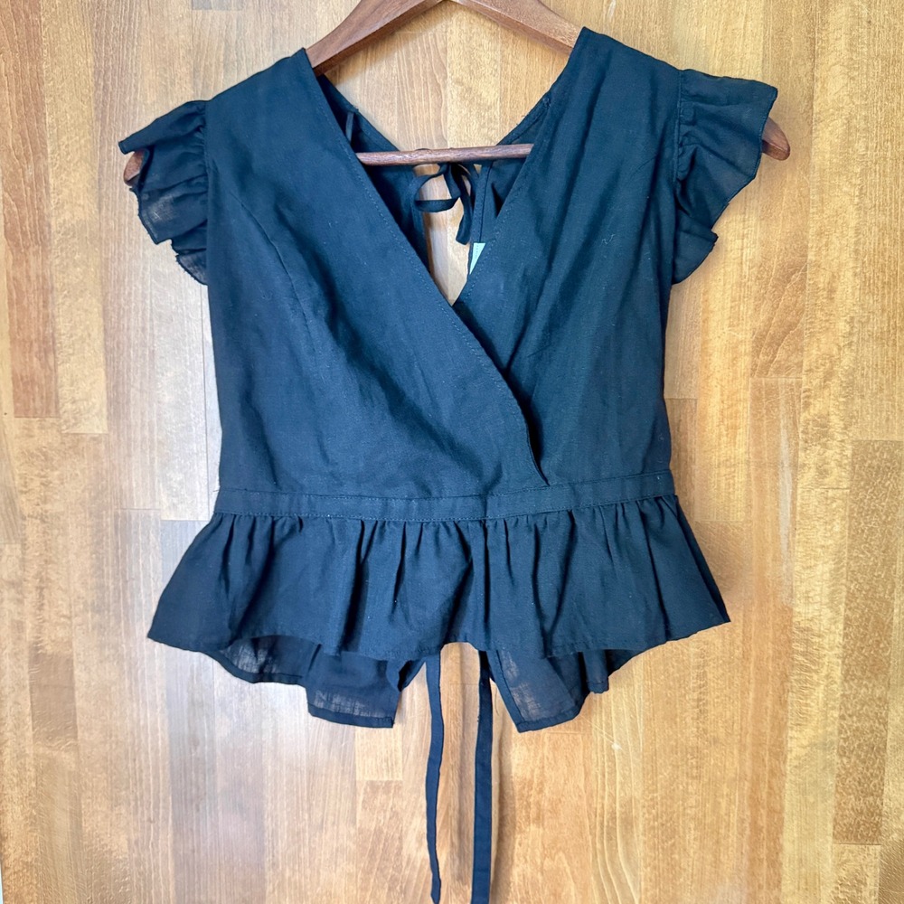 Favlux Fashion‎ Black Cotton Ruffle Wrap Peplum Top Tie Back FL19G238 Women's M